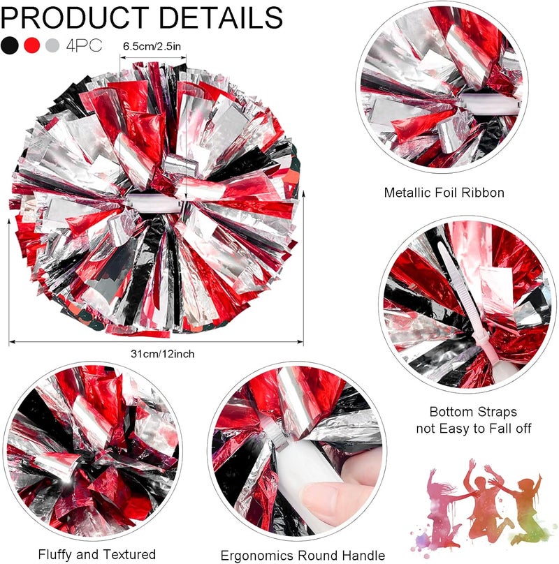 HOLENGS 4Pcs Upgraded 12inch Metallic Cheerleading Pom Poms, Cheerleader Pompoms Cheer Poms for Kids Adults, Cheering Squad Pompoms for School Sports Games Dance Party - Image 2